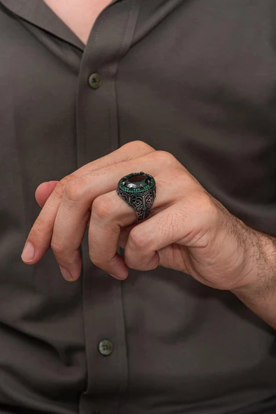 Oval Yeşil Taşlı 925 Erkek Gümüş Yüzük - Resim 4