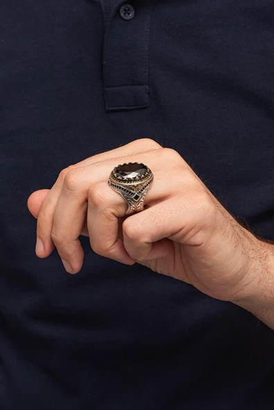 Siyah Zirkon Taşlı Oval 925 Erkek Gümüş Yüzük - Resim 5