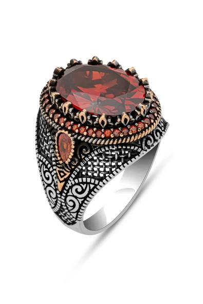 Kırmızı Taşlı Oval 925 Erkek Gümüş Yüzük - Resim 2