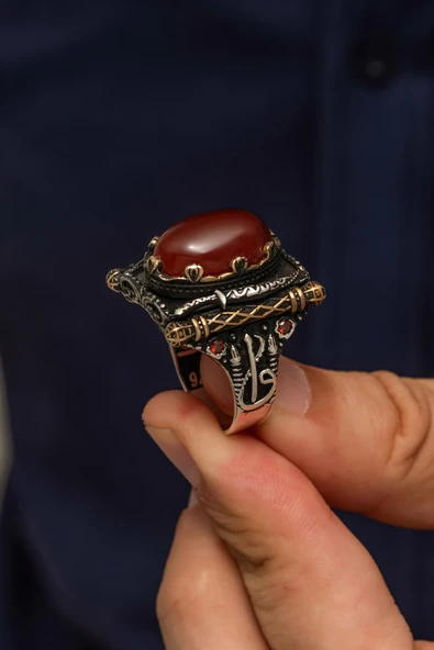 Akik Taşlı Elif Vav Motifli 925 Gümüş Erkek Yüzük - 6