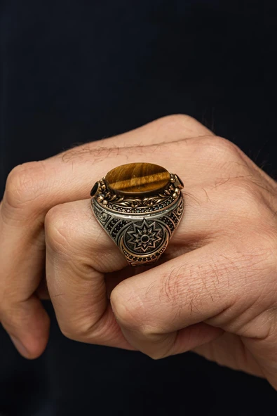 Fetih Koleksiyonumuzdan Kaplan Gözü Taşlı 925 Erkek Gümüş Yüzük - Resim 3