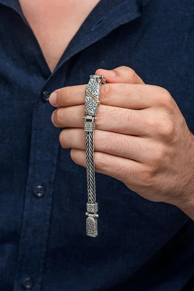 Yeni Tasarım Elişi 925 Ayar Gümüş Erkek Bileklik - Resim 4