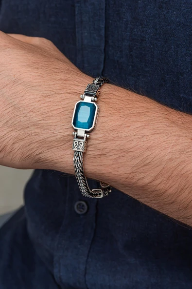 Mavi Taşlı 925 Ayar Gümüş Erkek Bileklik - 7