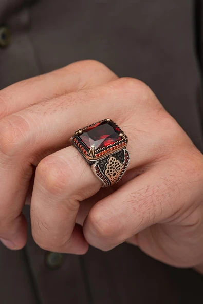 Kırmızı Taşlı Dikdörtgen 925 Erkek Gümüş Yüzük ürün görseli