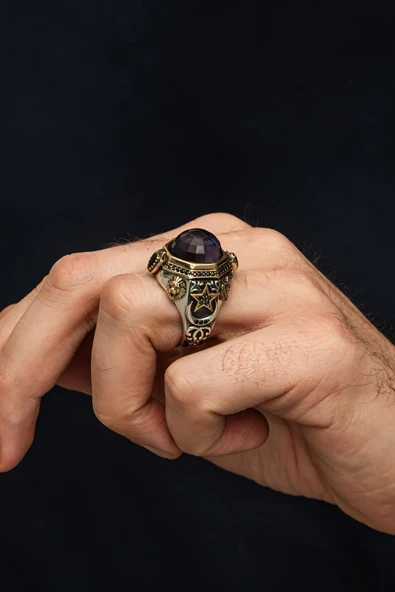 Kubbe Mor Taşlı 925 Erkek Gümüş Yüzük - Resim 3