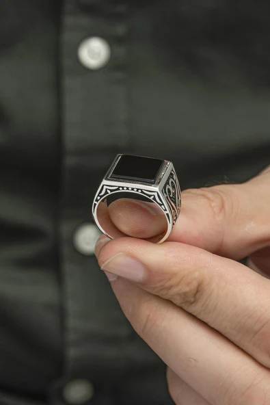 Siyah Oniks Taşlı 925 Gümüş Erkek Yüzük - Resim 6