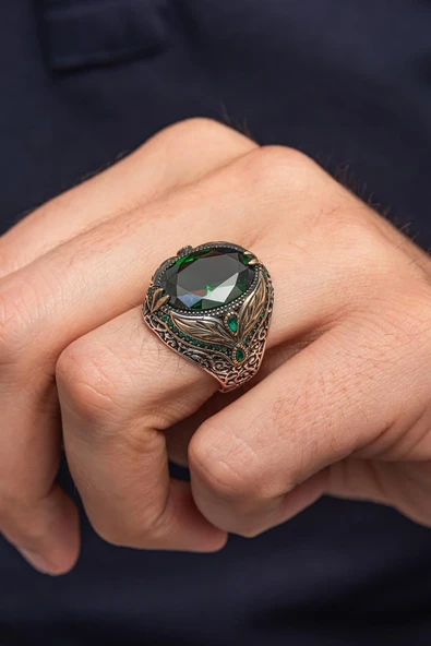 Oval Yeşil Taşlı Yaprak Desen 925 Erkek Gümüş Yüzük - 1