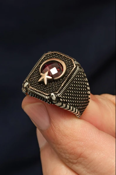 Ayyıldız Desenli Kırmızı Taşlı 925 Erkek Gümüş Yüzük - Resim 5