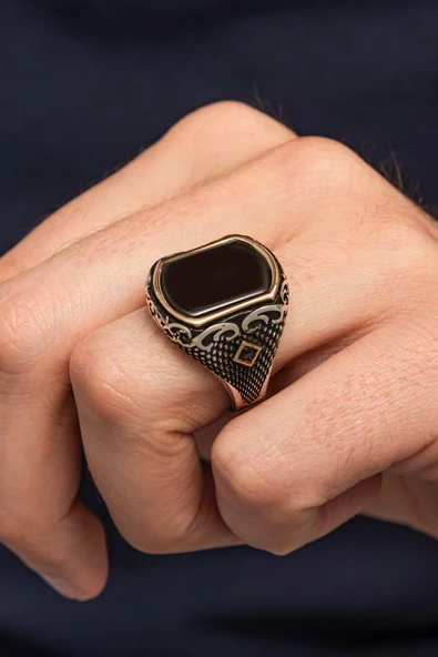 Siyah Oniks Taşlı 925 Erkek Gümüş Yüzük - Resim 4