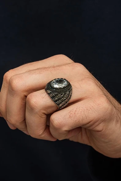 Oval Zirkon Beyaz Taşlı 925 Erkek Gümüş Yüzük - Resim 3