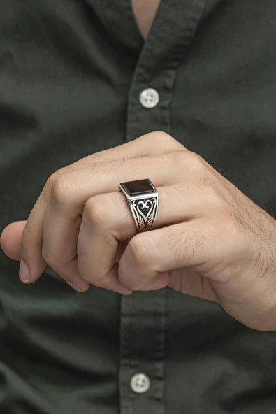 Siyah Oniks Taşlı 925 Gümüş Erkek Yüzük - Resim 5
