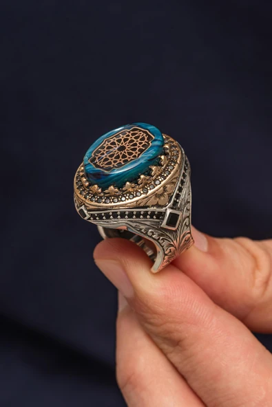 Oval Mavi Sıkma Kehribar Taşlı 925 Erkek Gümüş Yüzük - 3