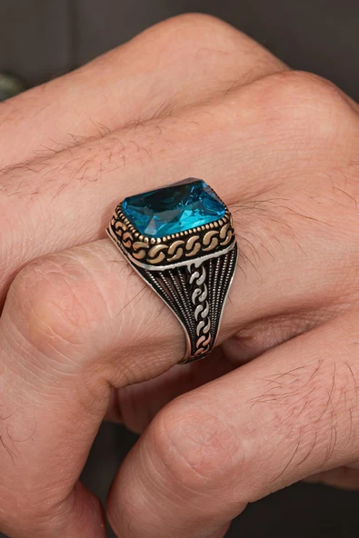 Aqua Mavi Taşlı Kare 925 Erkek Gümüş Yüzük ürün görseli