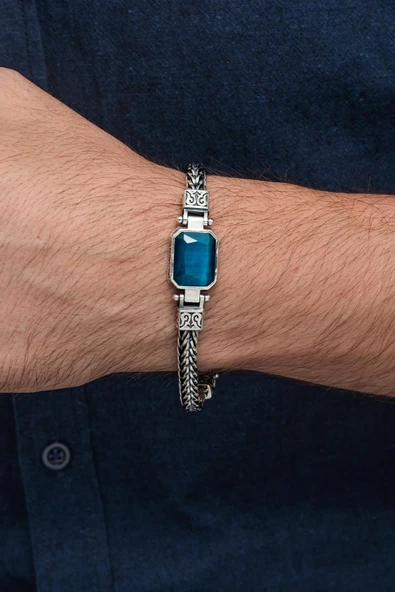 Mavi Taşlı 925 Ayar Gümüş Erkek Bileklik - 5