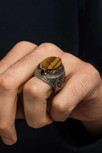 Fetih Koleksiyonumuzdan Kaplan Gözü Taşlı 925 Erkek Gümüş Yüzük - Resim 5