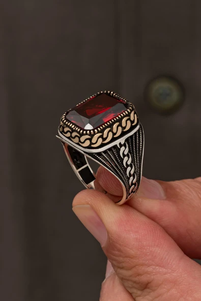 Kırmızı Kare Zirkon Taşlı 925 Erkek Gümüş Yüzük - Resim 2