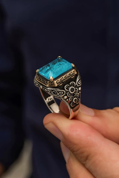 Mavi  Paraiba Taşlı Kare 925 Gümüş Erkek Yüzük - Resim 3