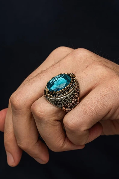 Fetih Koleksiyonumuzdan Kurt Motif Mavi Taşlı 925 Erkek Gümüş Yüzük - Resim 3