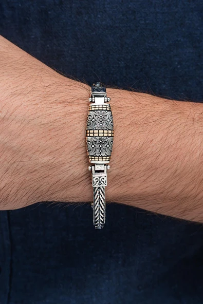 Yeni Tasarım Elişi 925 Ayar Gümüş Erkek Bileklik - Resim 3