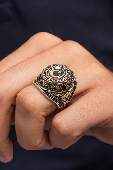 Ayyıldız Oval Desenli 925 Erkek Gümüş Yüzük ürün görseli