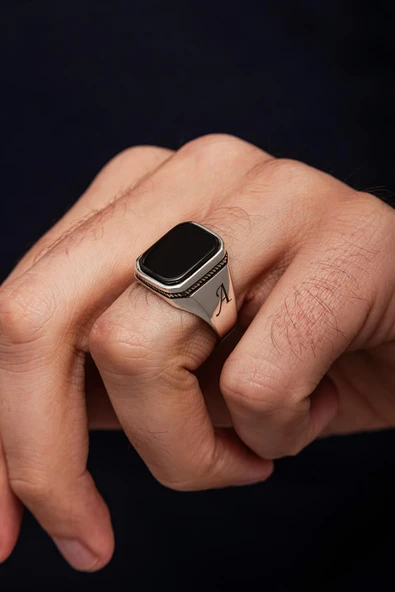 Siyah Oniks Taşlı Harfli 925 Erkek Gümüş Yüzük - Resim 7