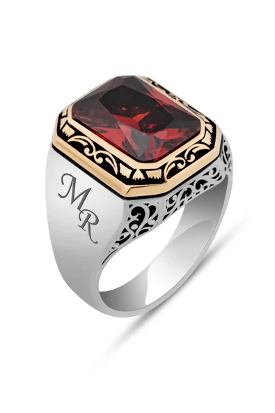 Kırmızı Kare Zirkon Taşlı Harfli 925 Erkek Gümüş Yüzük - Resim 2