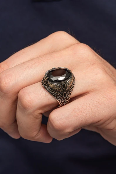 Oval Siyah Taşlı Yaprak Desen 925 Erkek Gümüş Yüzük - Resim 5