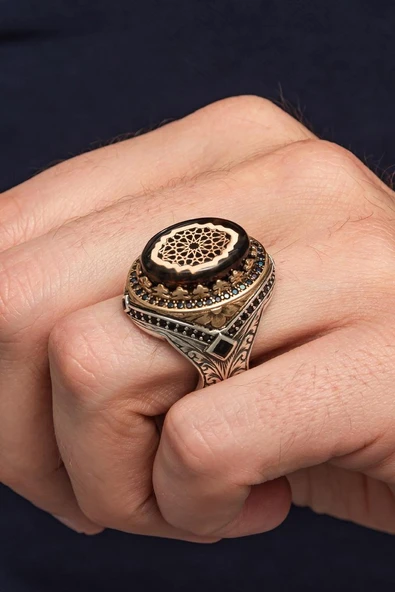 Oval Sıkma Kehribar Taşlı 925 Erkek Gümüş Yüzük - Resim 3