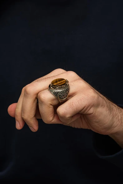 Fetih Koleksiyonumuzdan Kaplan Gözü Taşlı 925 Erkek Gümüş Yüzük - Resim 4
