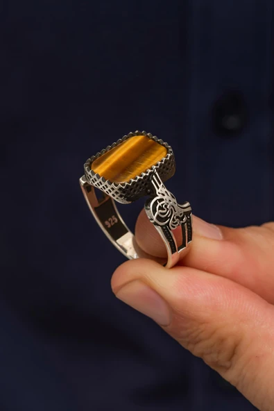 Tuğra Motifli Kaplan Gözü Taşlı 925 Gümüş Erkek Yüzük - Resim 3