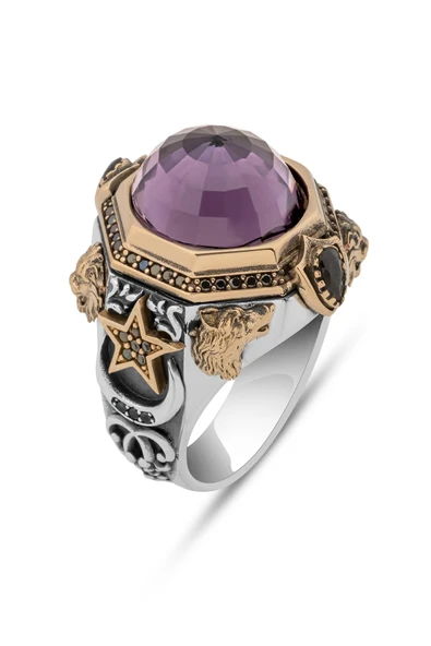 Kubbe Mor Taşlı 925 Erkek Gümüş Yüzük - Resim 2