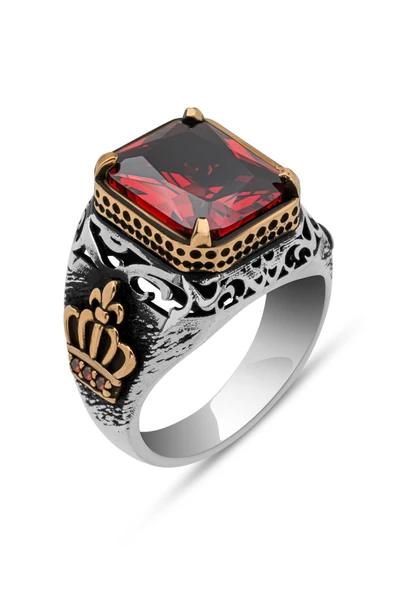 Kare Kırmızı Taşlı Kral Motifli 925 Gümüş Erkek Yüzük - Resim 2