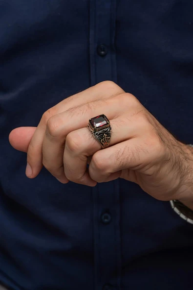 Kare Kırmızı Taşlı Kral Motifli 925 Gümüş Erkek Yüzük - Resim 5