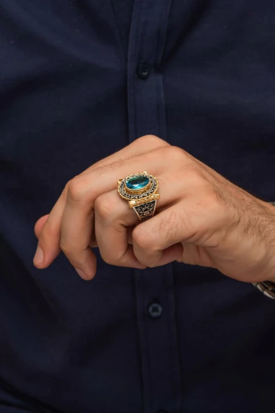 Aqua Mavi Taşlı 925 Erkek Gümüş Yüzük - Resim 6