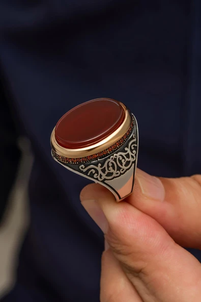 Oval Akik Taşlı 925 Erkek Gümüş Yüzük - 3