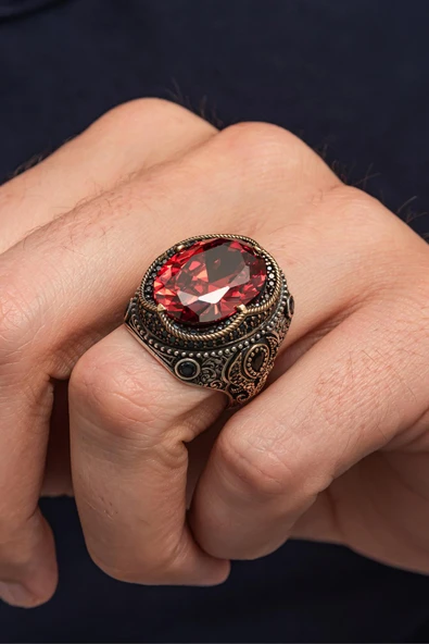 Oval Kırmızı Taşlı 925 Erkek Gümüş Yüzük - Resim 4