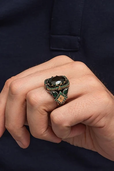 Yeşil Taşlı Harfli 925 Erkek Gümüş Yüzük - Resim 3