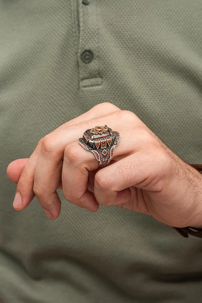 Kırmızı Taşlı Çiçek Motifli 925 Erkek Gümüş Yüzük - Resim 5