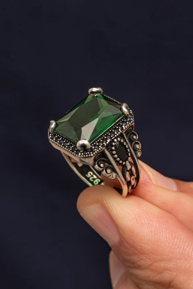Serçe Parmak Yeşil Taşlı 925 Erkek Gümüş Yüzük - Resim 3