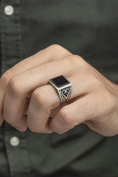 Siyah Oniks Taşlı 925 Gümüş Erkek Yüzük - Resim 4