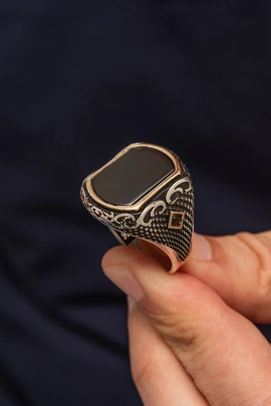 Siyah Oniks Taşlı 925 Erkek Gümüş Yüzük - Resim 3