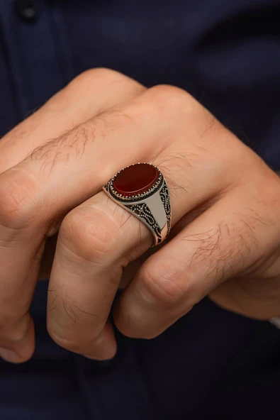 Oval Akik Taşlı  925 Gümüş Erkek Yüzük - Resim 5