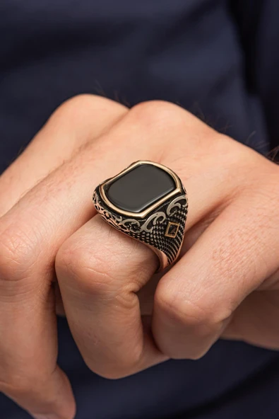 Siyah Oniks Taşlı 925 Erkek Gümüş Yüzük ürün görseli