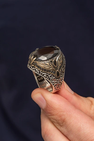 Oval Siyah Taşlı Yaprak Desen 925 Erkek Gümüş Yüzük - Resim 3