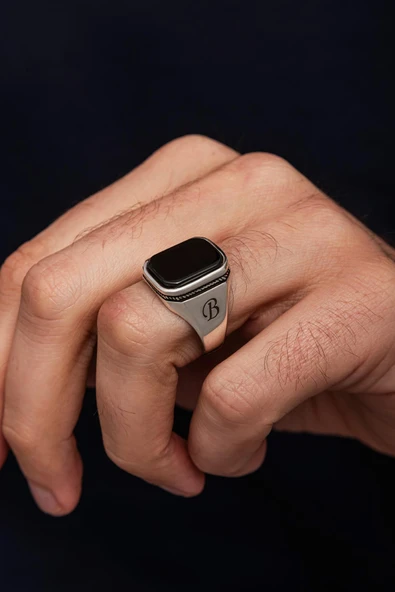 Siyah Oniks Taşlı Harfli 925 Erkek Gümüş Yüzük - Resim 6