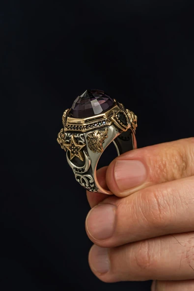 Kubbe Mor Taşlı 925 Erkek Gümüş Yüzük - Resim 4