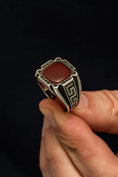 Grek Desenli Akik Taşlı 925 Erkek Gümüş Yüzük - Resim 6