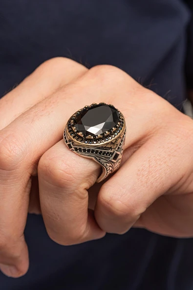 Siyah Zirkon Taşlı Oval 925 Erkek Gümüş Yüzük ürün görseli