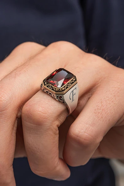 Kırmızı Kare Zirkon Taşlı Harfli 925 Erkek Gümüş Yüzük - Resim 3