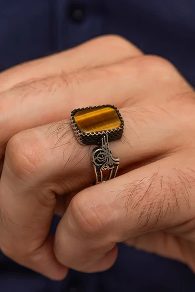 Tuğra Motifli Kaplan Gözü Taşlı 925 Gümüş Erkek Yüzük ürün görseli